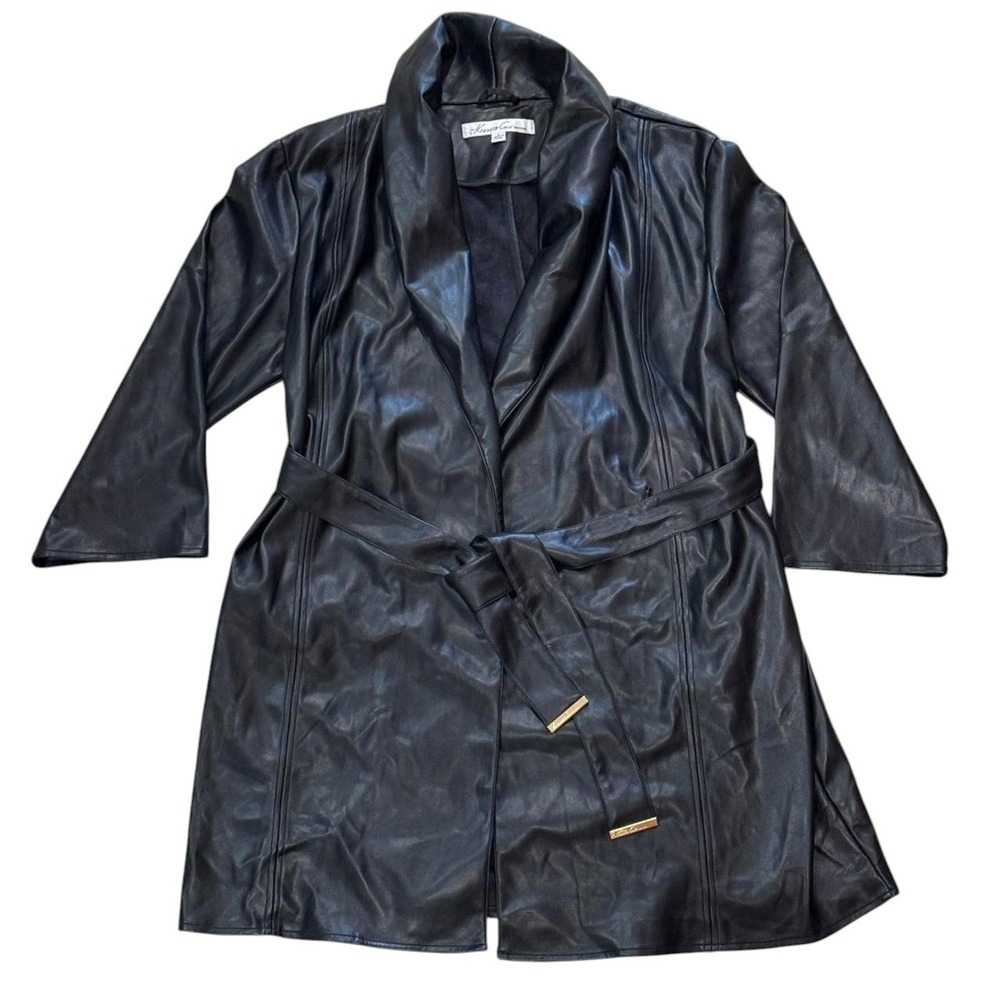 Kenneth Cole Trench Coat Black Faux Leather Tie Belted Women's Size Large